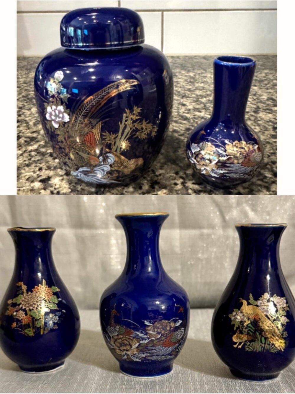 Set of 4 Vintage Mini Bud Vases & Ginger Jar Urn Lidded Cobalt Blue Gold Trim